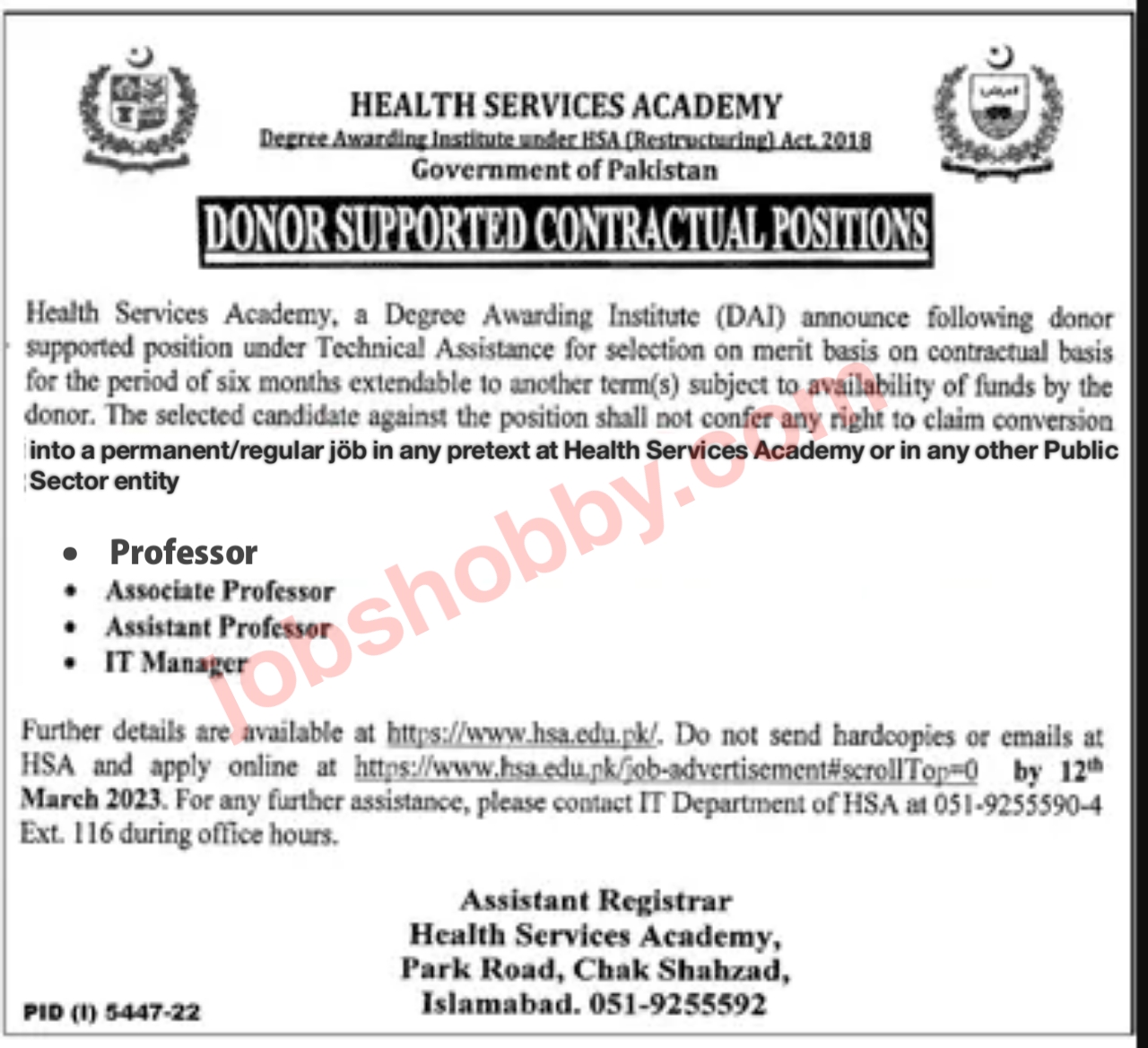 Health Service Academy HSA Govt of Pakistan Jobs 2023 Apply Online 